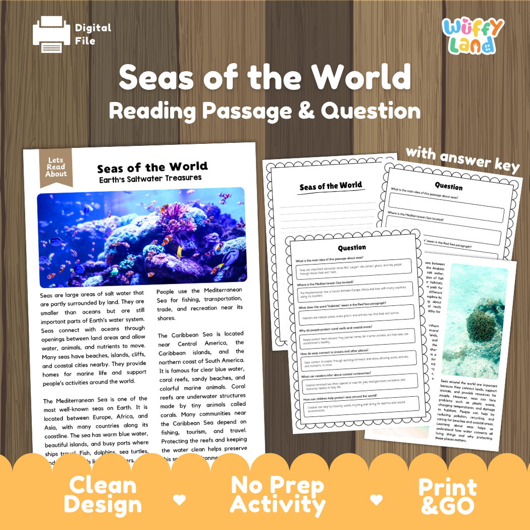 Seas of the World reading comprehension passage and questions printable activity pack with answer key for elementary students