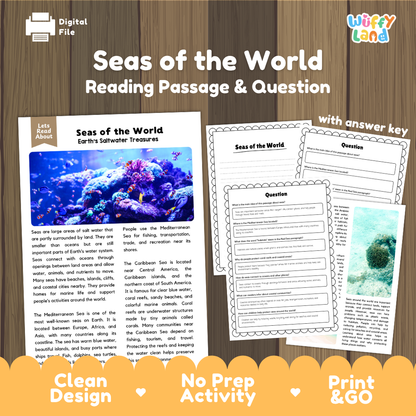 Seas of the World reading comprehension passage and questions printable activity pack with answer key for elementary students