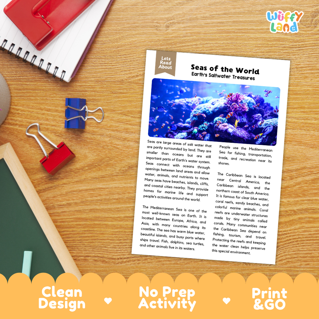 Student reading comprehension worksheet with short-answer questions and lined sections about seas of the world