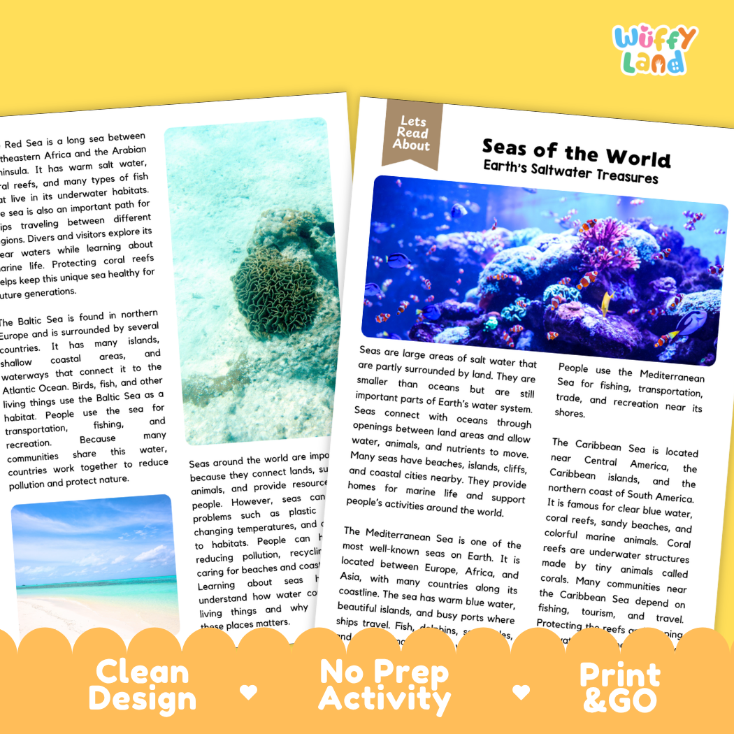 Teacher answer key page showing complete question solutions for Seas of the World marine science and geography reading comprehension practice