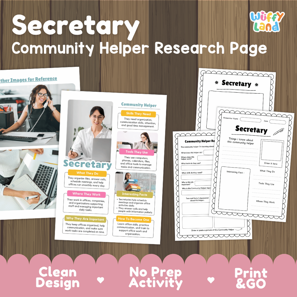 Secretary community helper research page writing worksheets pack featuring real photos and student activity pages for elementary social studies and life skills
