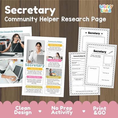 Secretary community helper research page writing worksheets pack featuring real photos and student activity pages for elementary social studies and life skills