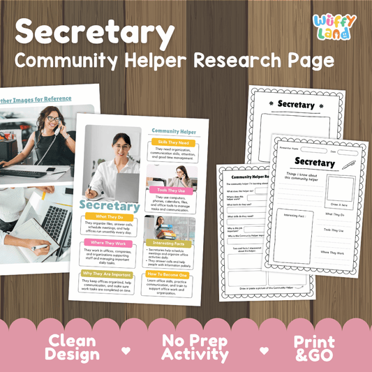 Secretary community helper research page writing worksheets pack featuring real photos and student activity pages for elementary social studies and life skills