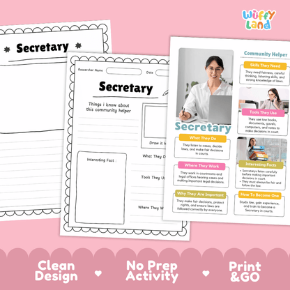 Educational reference poster with real photography showing secretary duties, computer and calendar tools, office workplace, and career facts