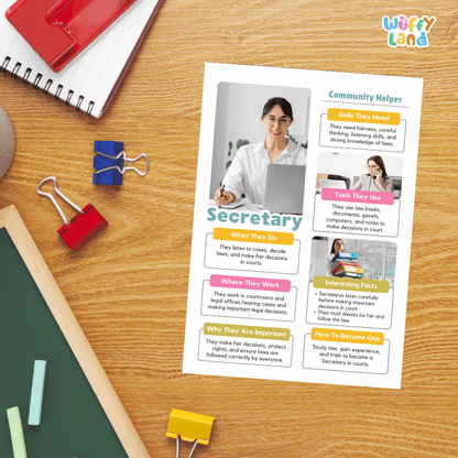 Guided student writing worksheets with lined sections for recording facts and a dedicated box for drawing or pasting a picture of a secretary