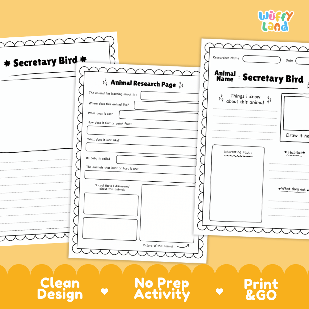Three printable worksheet pages for an animal research activity titled 'Secretary Bird' are shown on a warm yellow background with marketing text at the bottom. The sheets are white with black text and scalloped borders.