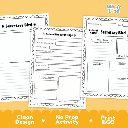 Three printable worksheet pages for an animal research activity titled 'Secretary Bird' are shown on a warm yellow background with marketing text at the bottom. The sheets are white with black text and scalloped borders.