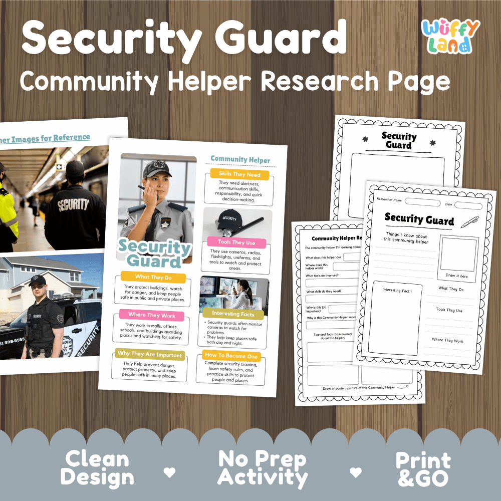 Security guard community helper research page writing worksheets pack featuring real photos and student activity pages for elementary social studies