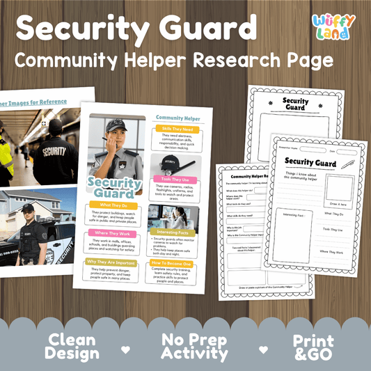 Security guard community helper research page writing worksheets pack featuring real photos and student activity pages for elementary social studies