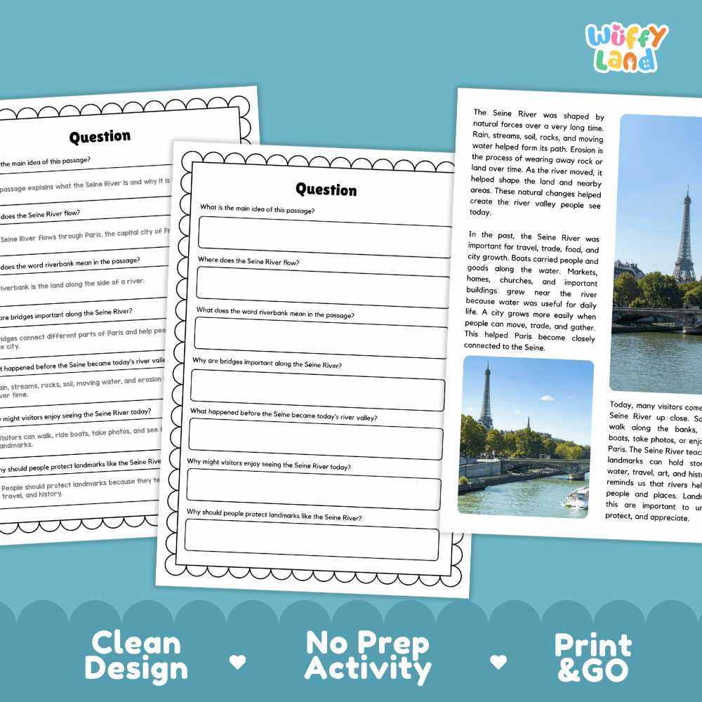 Student reading passage titled A Famous River in Paris detailing Seine River history bridges Eiffel Tower and French riverfront photography