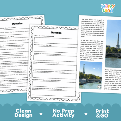 Student reading passage titled A Famous River in Paris detailing Seine River history bridges Eiffel Tower and French riverfront photography