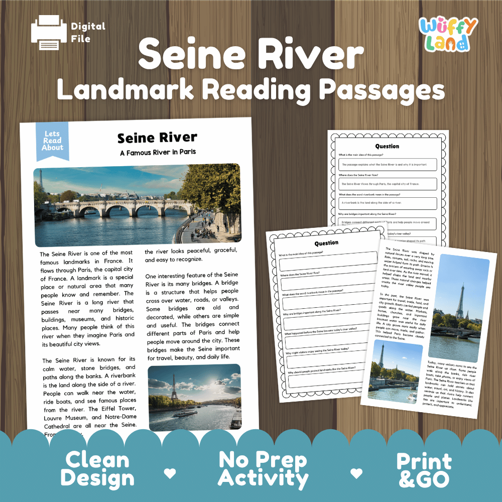 Seine River landmark reading passages educational study unit featuring nonfiction reading worksheets and authentic Paris stone bridge photography
