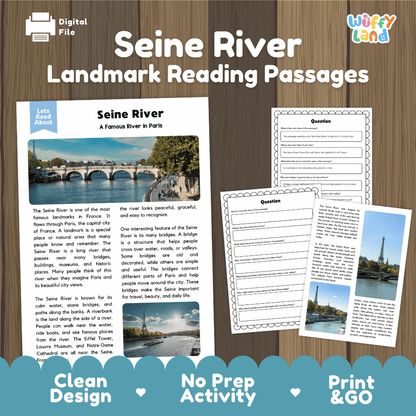 Seine River landmark reading passages educational study unit featuring nonfiction reading worksheets and authentic Paris stone bridge photography