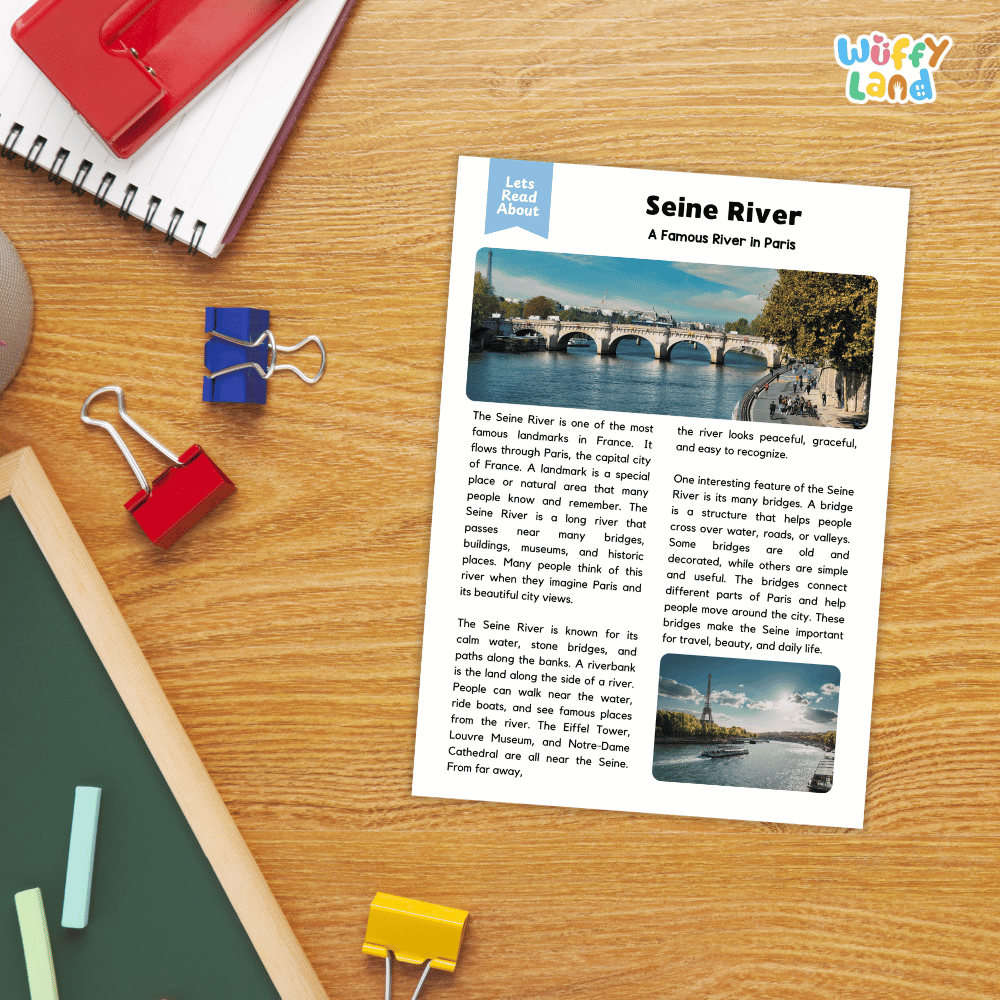 Lined reading comprehension question worksheet covering main ideas vocabulary terms and landmark facts about the Seine River