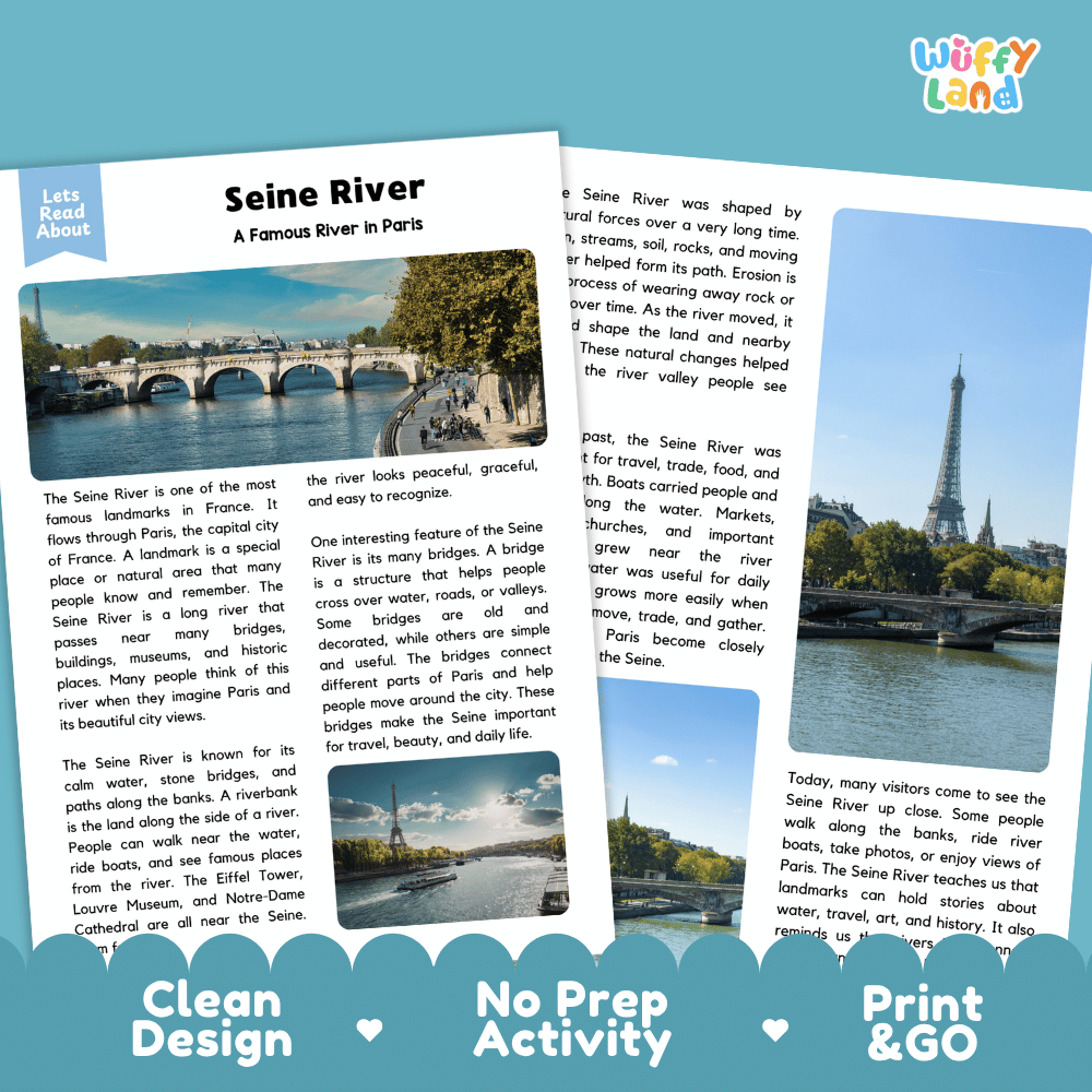Reference sheet and answer key for Seine River landmark reading passage displaying completed comprehension answers and French geography facts