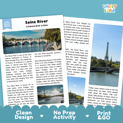 Reference sheet and answer key for Seine River landmark reading passage displaying completed comprehension answers and French geography facts