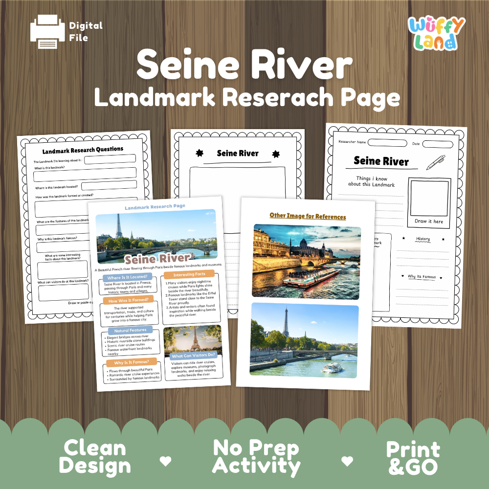 Digital worksheet bundle titled 'Seine River Landmark Research Page' shown on a wood-textured background, with several printable activity pages and a reference image displayed. The brand name 'Wiffy Land' appears in the top right, and a 'Digital File' label is in the top left.