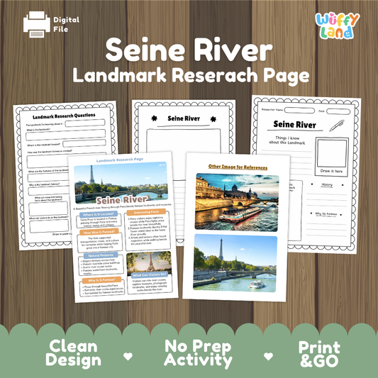 Digital worksheet bundle titled 'Seine River Landmark Research Page' shown on a wood-textured background, with several printable activity pages and a reference image displayed. The brand name 'Wiffy Land' appears in the top right, and a 'Digital File' label is in the top left.