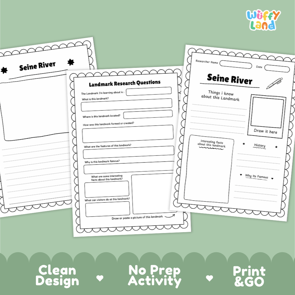 Three printable worksheet pages for a Seine River landmarker activity, shown on a light green background with marketing text at the bottom. The sheets include fields for research questions, a title, a drawing box, and writing prompts.