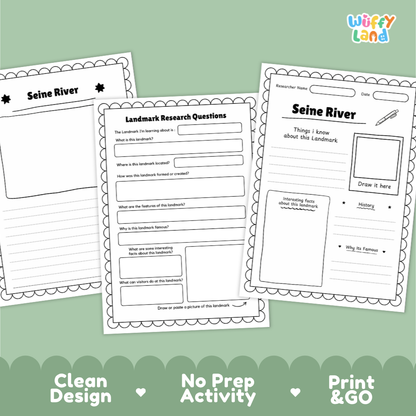 Three printable worksheet pages for a Seine River landmarker activity, shown on a light green background with marketing text at the bottom. The sheets include fields for research questions, a title, a drawing box, and writing prompts.