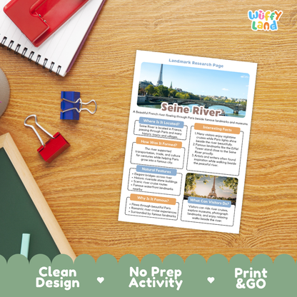 A printed 'Seine River' landmark research page laid on a wooden desk, surrounded by school supplies including a spiral notebook, binder clips, and a chalkboard. The page has a clean design with a Paris skyline photo and text sections.