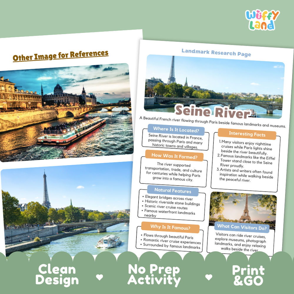 Two printed activity sheets for a French landmark research activity about Seine River, displayed on a white background with a green banner at the bottom reading 'Clean Design', 'No Prep Activity', and 'Print & GO'.