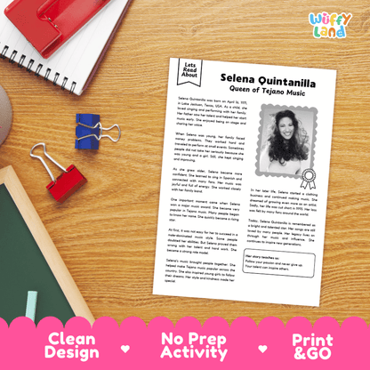A printed activity sheet titled 'Selena Quintanilla Queen of Tejano Music' with a photo of Selena and text, shown on a wooden desk with notebooks, clips, and a pink promotional banner at the bottom. The 'Wiffle Land' logo appears in the top right.