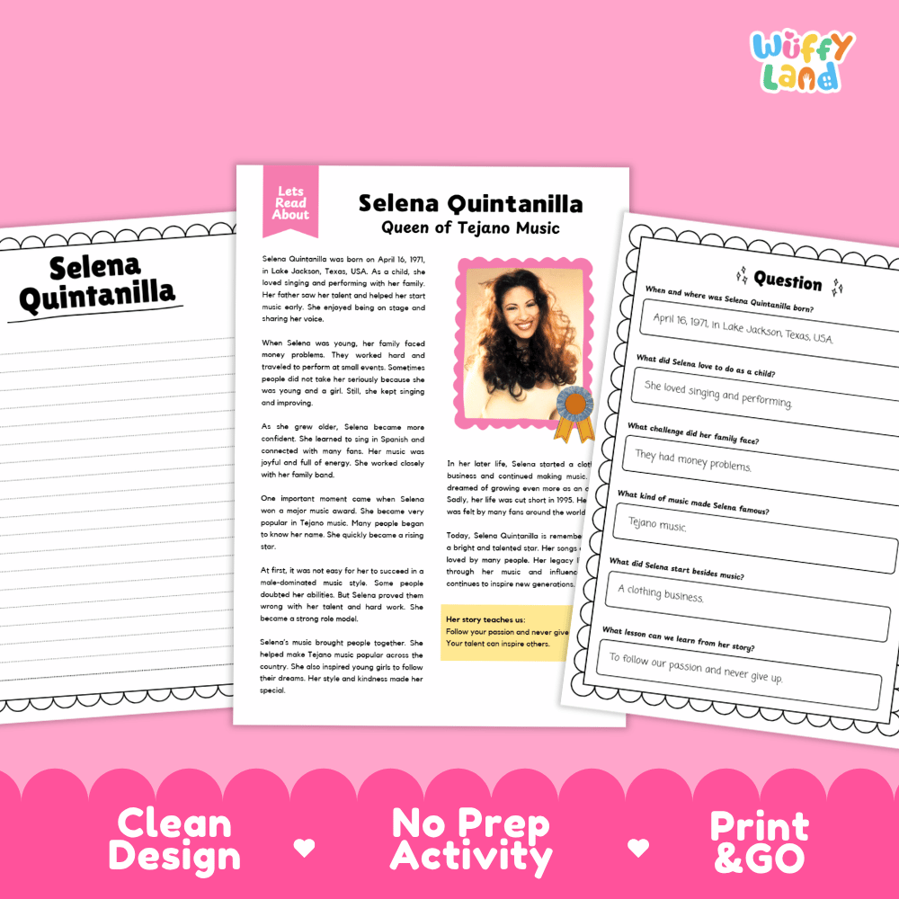 Three printable educational activity sheets for Selena Quintanilla, displayed on a pink background with the brand name 'Wiffly land' in the top right corner. The sheets include a title page, a fact sheet, and a worksheet with fill-in-the-blank questions.