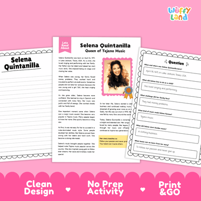 Three printable educational activity sheets for Selena Quintanilla, displayed on a pink background with the brand name 'Wiffly land' in the top right corner. The sheets include a title page, a fact sheet, and a worksheet with fill-in-the-blank questions.