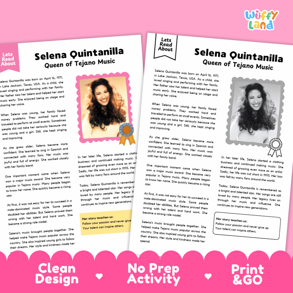 Two printable activity sheets for a children's craft or storytelling activity about Selena Quintanilla, shown on a white background with a pink decorative banner at the bottom. The sheets include text, photos, and award ribbon graphics, and the top right corner shows the brand name 'Wiffly Land'.
