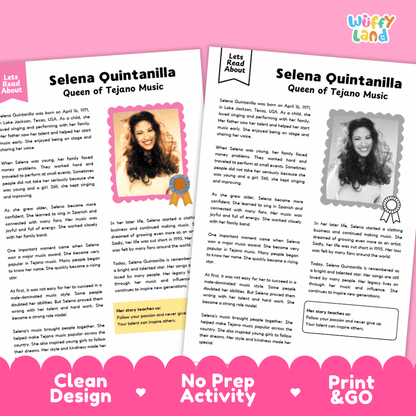 Two printable activity sheets for a children's craft or storytelling activity about Selena Quintanilla, shown on a white background with a pink decorative banner at the bottom. The sheets include text, photos, and award ribbon graphics, and the top right corner shows the brand name 'Wiffly Land'.