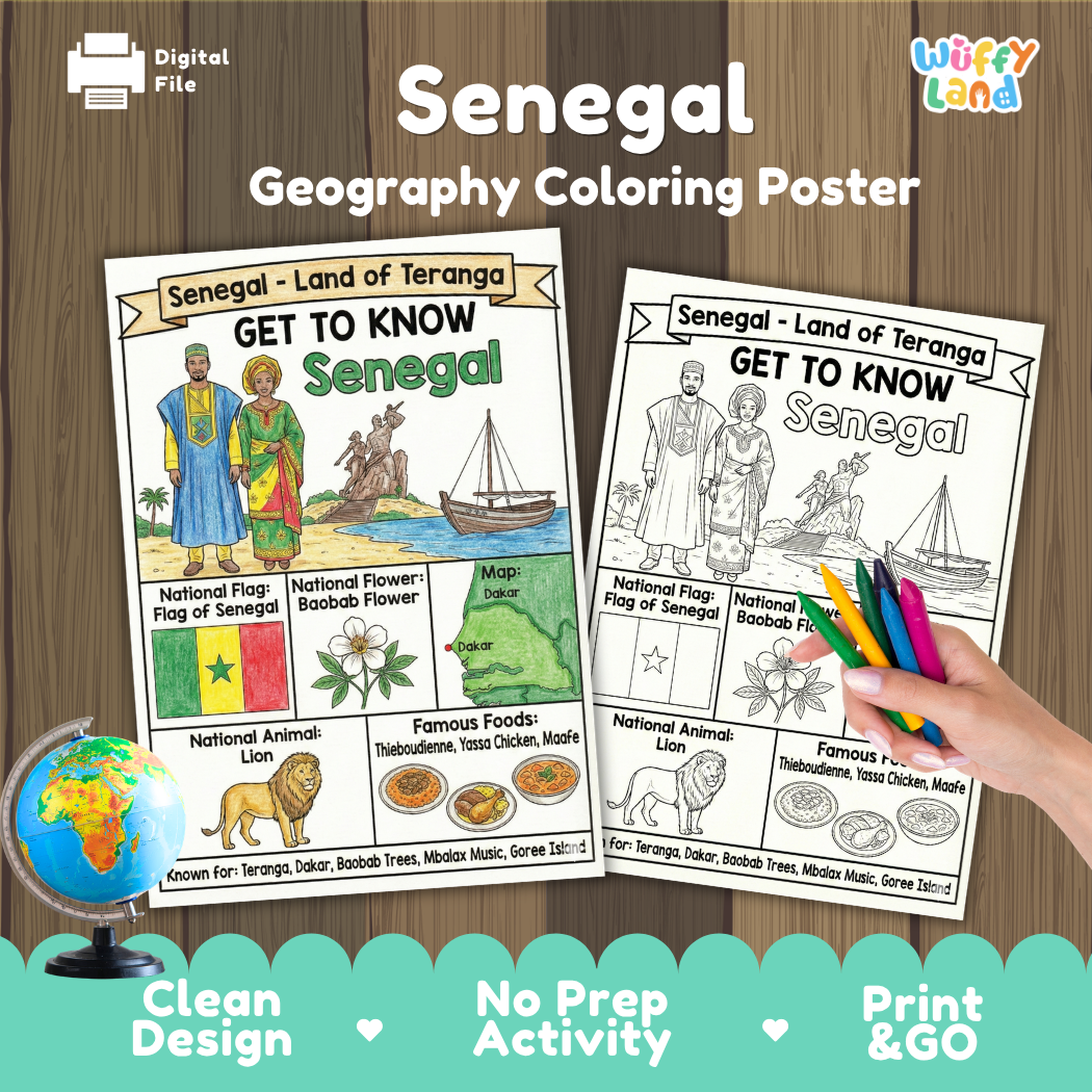 Get to know Senegal coloring poster paired with photo flashcards of Great Mosque of Touba, Dakar skyline, Saint-Louis Island, and Maafe
