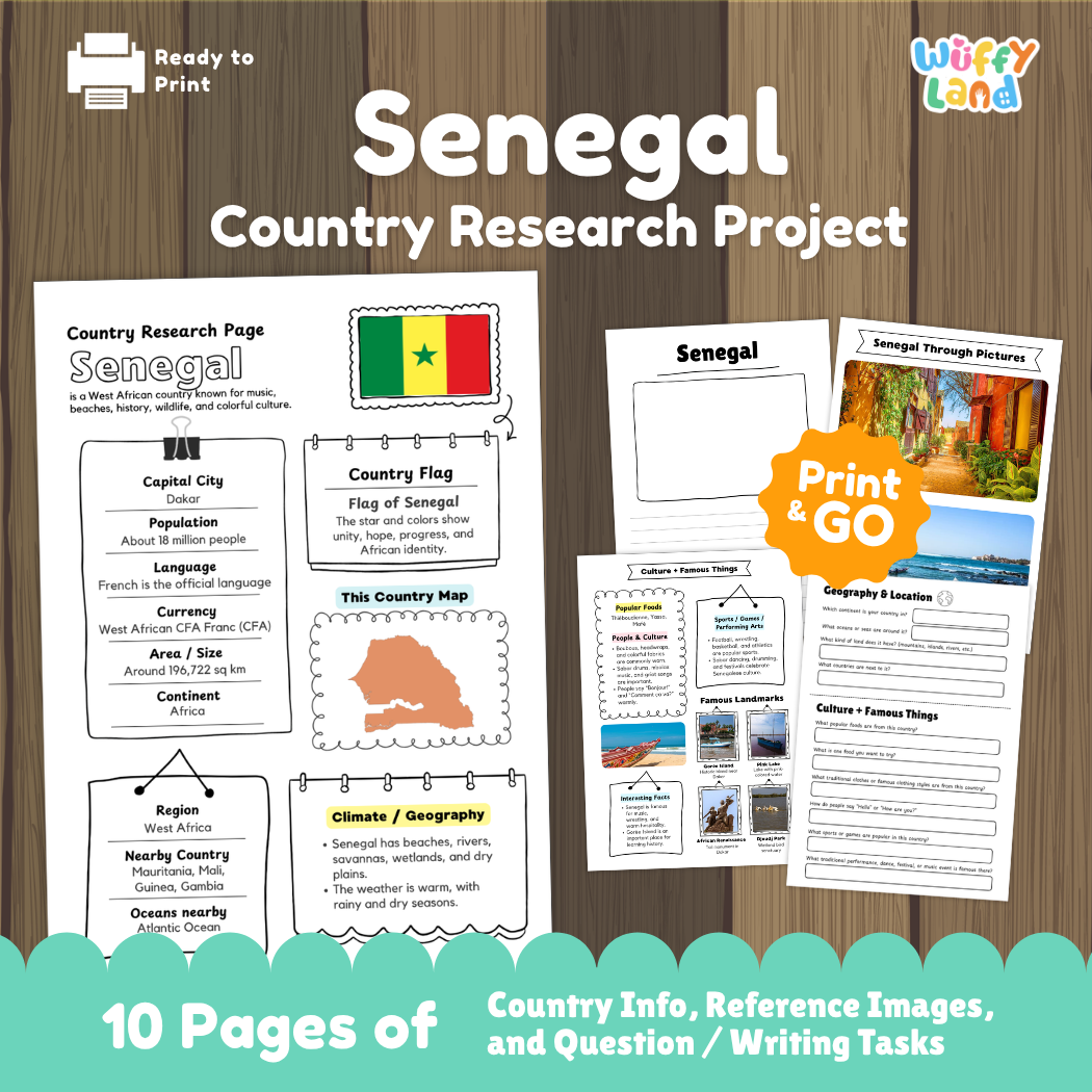 Student country research worksheet on Senegal featuring green yellow and red star flag, Dakar capital facts, climate, and geography map