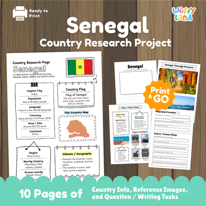 Student country research worksheet on Senegal featuring green yellow and red star flag, Dakar capital facts, climate, and geography map