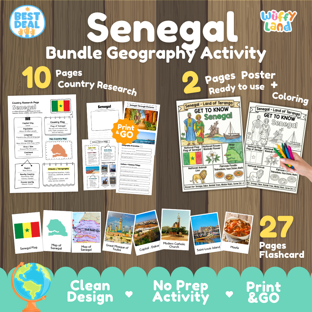 Senegal geography activity bundle cover showing 10 country research pages, 2 ready to use coloring posters, and 27 photo flashcards