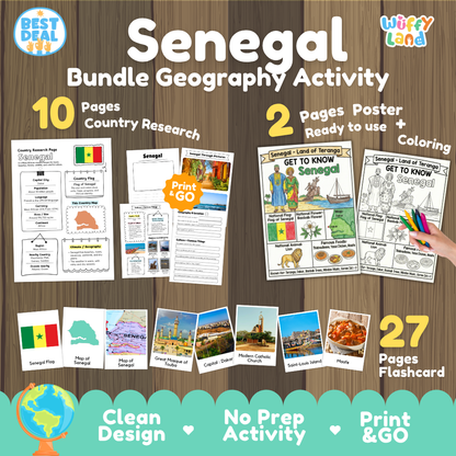 Senegal geography activity bundle cover showing 10 country research pages, 2 ready to use coloring posters, and 27 photo flashcards