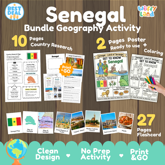 Senegal geography activity bundle cover showing 10 country research pages, 2 ready to use coloring posters, and 27 photo flashcards