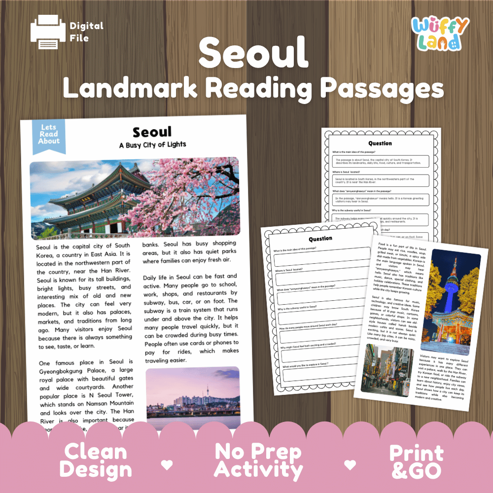 Seoul landmark reading passage and comprehension worksheet educational unit featuring nonfiction text and authentic South Korean palace photography