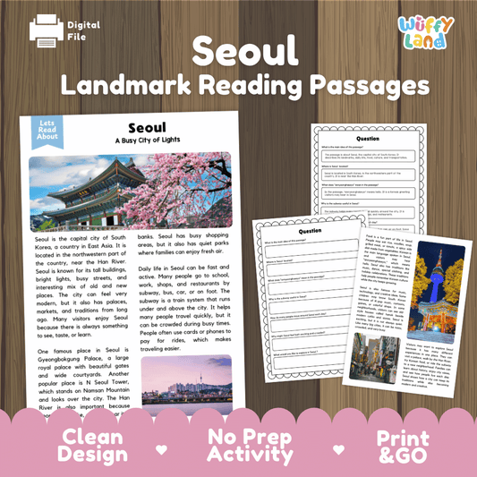 Seoul landmark reading passage and comprehension worksheet educational unit featuring nonfiction text and authentic South Korean palace photography