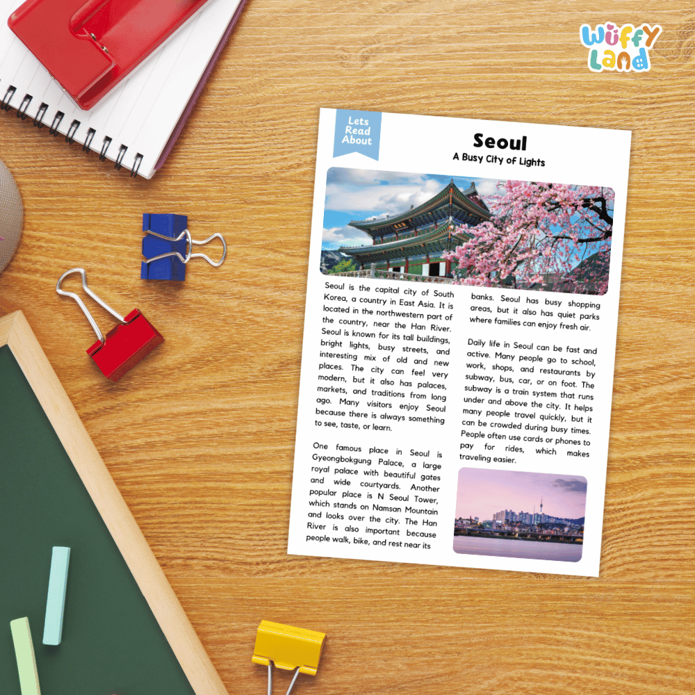 Lined reading comprehension question worksheet covering main ideas vocabulary terms and landmark facts about Seoul South Korea