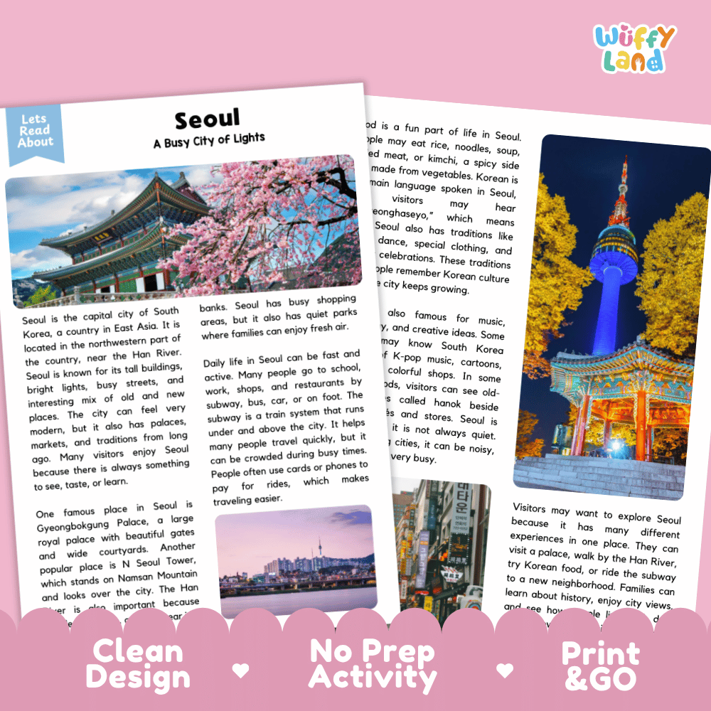 Reference sheet and answer key for Seoul landmark reading passage displaying completed comprehension answers and East Asian geography facts