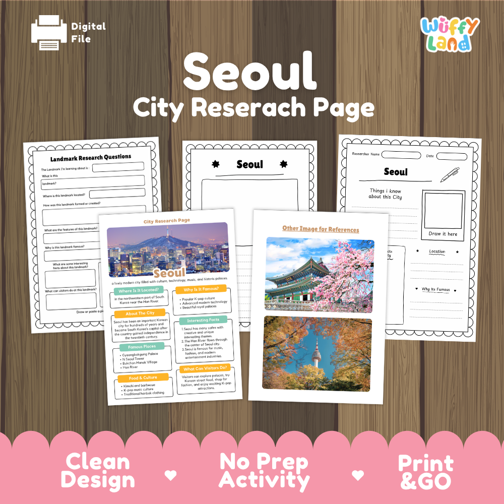 A digital preview of a Seoul city research page activity sheet set, shown on a wood background with a pink banner at the bottom. The set includes a landmark research questions page, a blank Seoul page, a general info page, and an other image reference page.