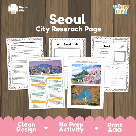A digital preview of a Seoul city research page activity sheet set, shown on a wood background with a pink banner at the bottom. The set includes a landmark research questions page, a blank Seoul page, a general info page, and an other image reference page.