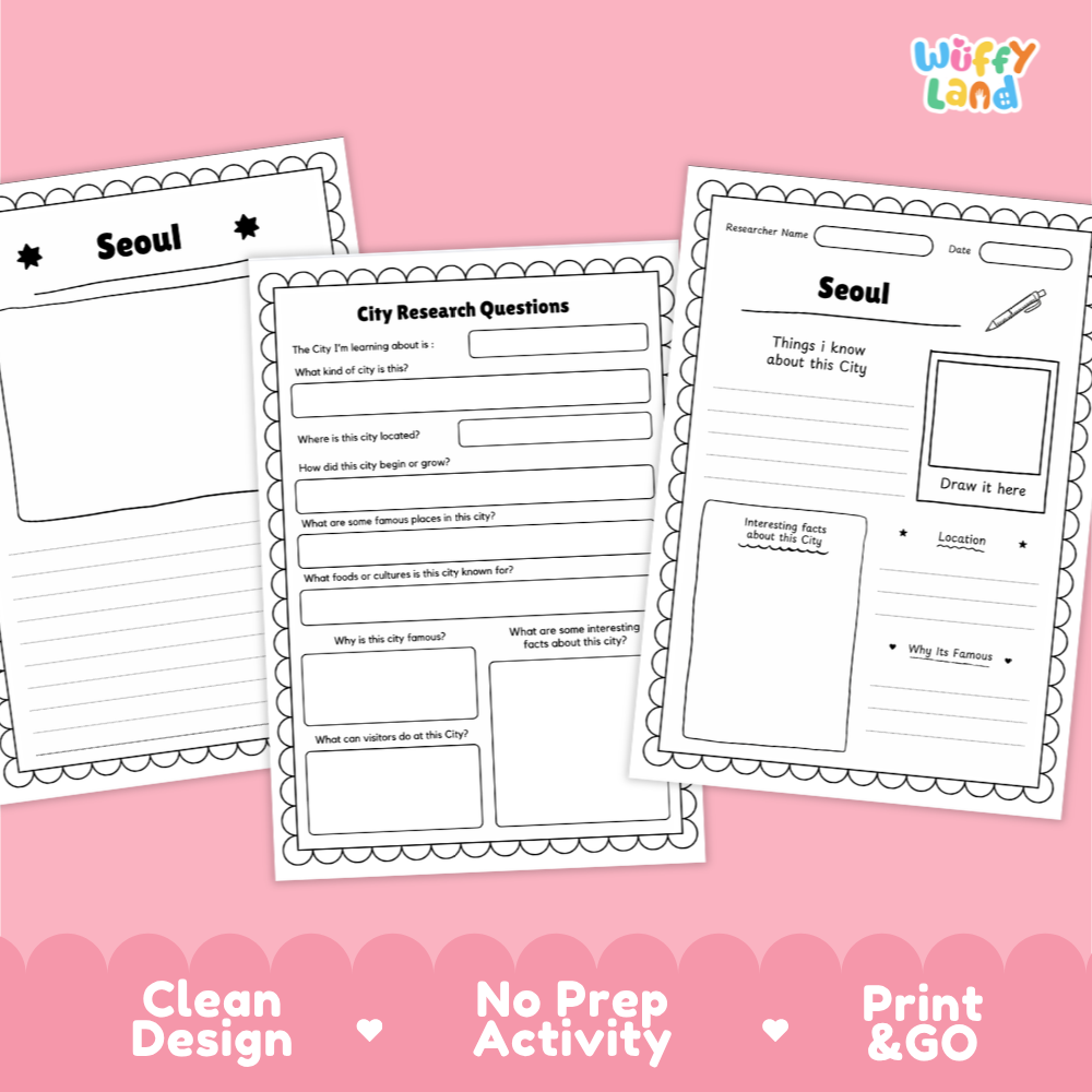 Three printable activity sheets for researching Seoul displayed on a pink background with the brand name Wiffy Land. The sheets contain black text and outline boxes for writing questions and drawing, with promotional text at the bottom reading 'Clean Design', 'No Prep Activity', and 'Print & GO'.