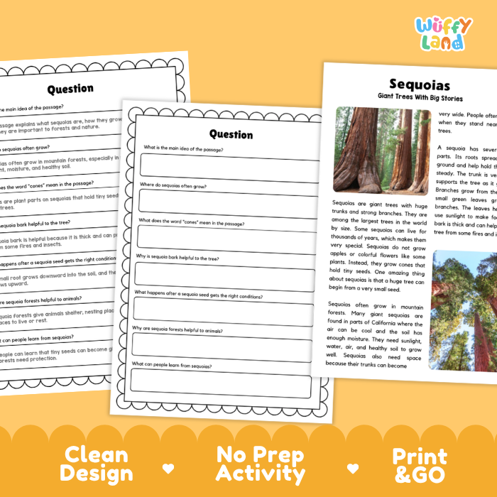 Sequoia Plant Reading Passages and Comprehension Questions Worksheets