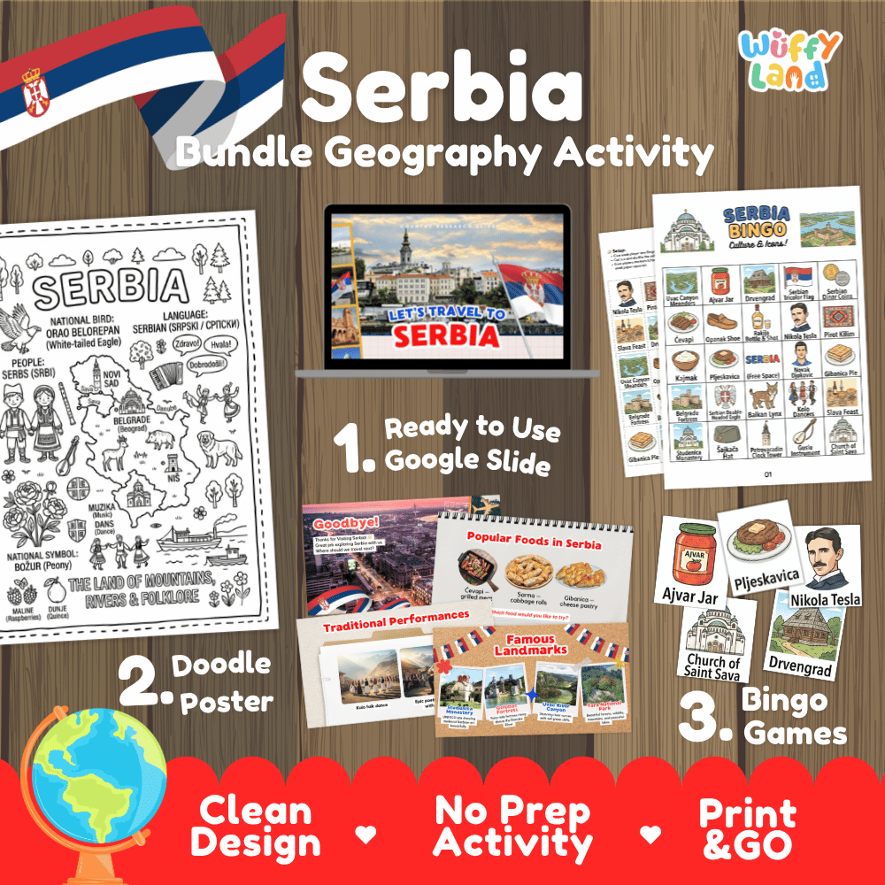 Complete Serbia geography activity bundle featuring Google Slides, doodle coloring poster, and classroom bingo games 🇷🇸🎒