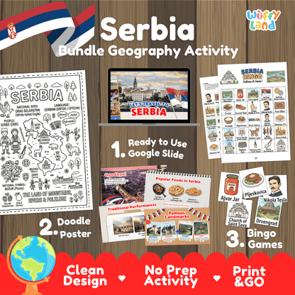 Complete Serbia geography activity bundle featuring Google Slides, doodle coloring poster, and classroom bingo games 🇷🇸🎒
