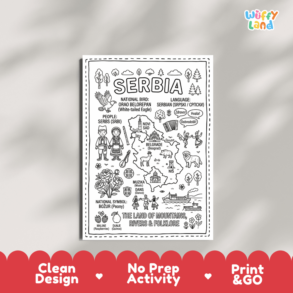 Cultural coloring page featuring traditional Serbian folk dress, Kolo dance, accordion, gusle, and Zdravo greeting speech bubbles