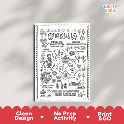 Cultural coloring page featuring traditional Serbian folk dress, Kolo dance, accordion, gusle, and Zdravo greeting speech bubbles
