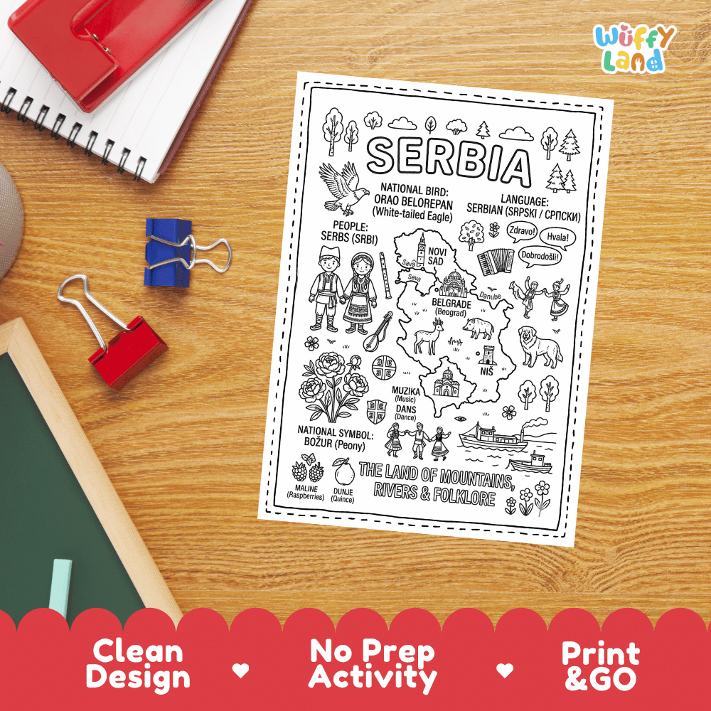 Doodle map coloring sheet showing Serbia, capital Belgrade, Novi Sad, Nis, and Danube and Sava rivers